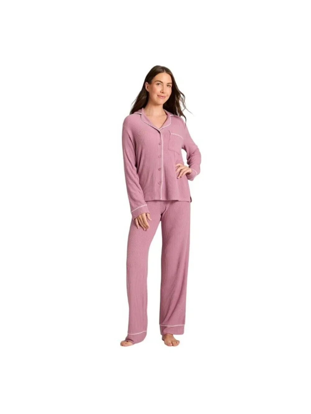 Auden Cozy Ribbed Notch Collar Long Sleeve Pajama Top 94437831 Pink XL